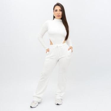 Imagem de Conjunto Feminino Canelado Body Blusa Vazado Manga Longa Gola Alta Cal