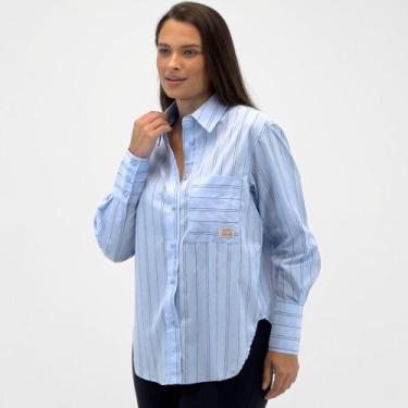 Imagem de Camisa Hering Oversized Manga Longa Listrada Feminina, XG, Azul pastel