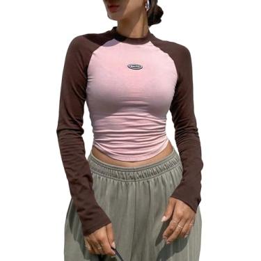 Imagem de COZYEASE Camisetas femininas de manga comprida, gola alta, caimento justo, bainha assimétrica, camisetas básicas, Marrom e rosa, P