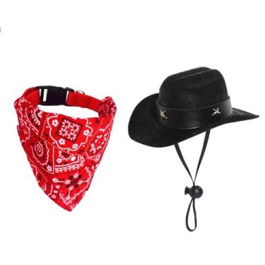 Imagem de Fantasia de cowboy para cães, mini chapéu de caubói preto, bandana para animais de estimação, fantasia de Halloween para gato, tamanho G