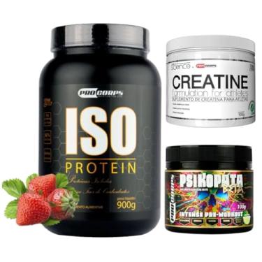 Imagem de Whey Protein Isolado Sem Lactose Em Pote De 900g + Pré Treino Psikopata Beta 100g + 1 Creatina Pura 100g - Pro Corps (900g, Morango)