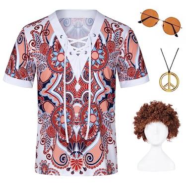 Imagem de Fantasia masculina hippie dos anos 60 e 70 com cordão, estampa de cordão, conjunto de colares, peruca e óculos, Marrom, Small