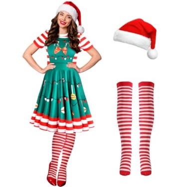 Imagem de Hillban Conjunto de 3 peças de fantasia de elfo de Natal feminino, manga curta, vestido de Natal até a coxa, chapéu de Papai Noel, Cordão de luzes, X-Large