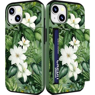 Imagem de IWONE Capa compatível com iPhone 15 fofa com porta-cartões Slim Slot Phone 15 capas carteira para mulheres/folhas tropicais verdes flores plantas selva exótica
