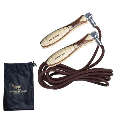 Imagem de Corda de salto de couro com alças pesadas de madeira – fitness, exercício, corda de pular para crossfit – madeira maciça, couro, comprimento total de 395 cm, comprimento total de 276 cm (bege)