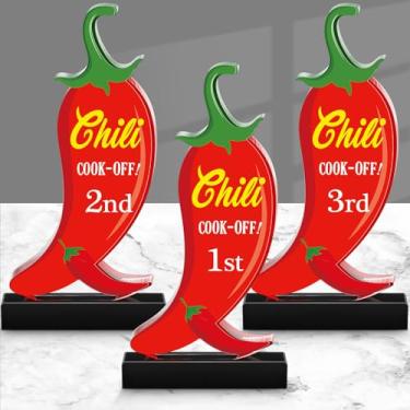 Imagem de Yousoontic 3 peças de troféus Chili Cook Off Acrílico Chili Pepper Trophy Medalhas 5,91 polegadas Chili Cook Off Prêmios 1º Lugar Ouro, 2º Lugar Prata, 3º Lugar Bronze Chili Festival Award Decorações