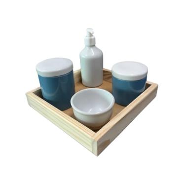 Imagem de Kit Higiene Bebê Porcelana c/Bandeja - Menino e Menina (POTES AZUIS/MOLHEIRA E SABONETEIRA BRANCA/TAMPA BRANCA/BANDEJA QUADRADA)