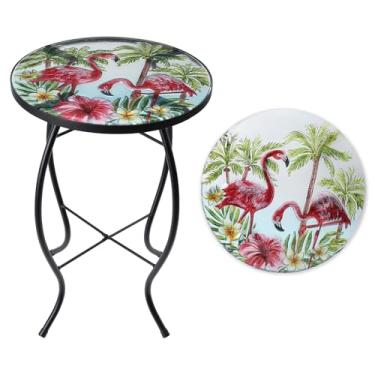 Imagem de VCUTEKA Mesa lateral de pátio, mesa de destaque ao ar livre, pequena mesa de mosaico, mesa de centro mesa de canto mesa de varanda para ambientes internos e externos, vidro redondo, varanda, bistrô