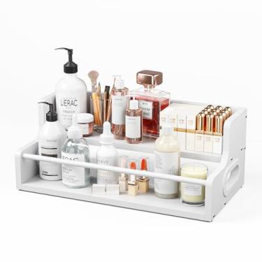 Imagem de KLM Prateleira de exibição de garrafa de licor de madeira de 2 camadas, organizador de balcão de bar com haste de metal, rack de armazenamento de mini bar (branco)