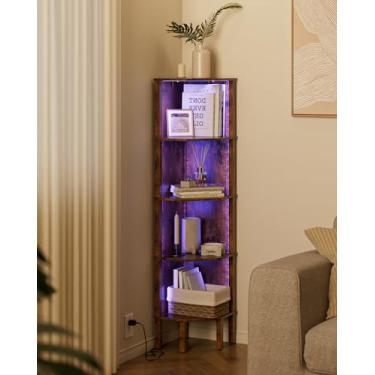 Imagem de Acodaiuy Prateleira de canto, estante de canto de 5 camadas com luz LED, suporte de canto para exibição de parede com rack de armazenamento para sala de estar, quarto, escritório, marrom rústico