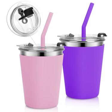 Imagem de Vermida Copos infantis de aço inoxidável com tampas e canudos à prova de vazamento, pacote com 2 copos à prova de derramamento de 340 g para crianças pequenas, copos inquebráveis com canudos para