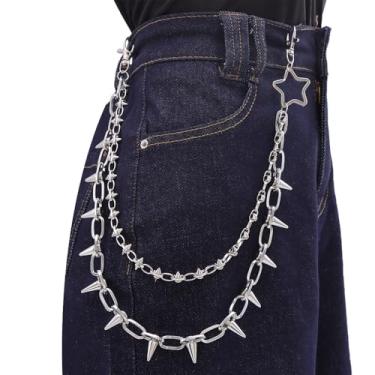 Imagem de DIKJAK Corrente de calça com estrela de rebite de camada dupla – Corrente de jeans de metal punk hip-hop para homens e mulheres, acessório gótico, calça urbana ousada, corrente lateral, 20Inches