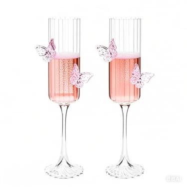 Imagem de UNWAAT Pacote com 2 taças de champanhe com borboletas 3D coquete borboleta taças de vinho borboleta rosa coquetéis de vinho para casa bar casamento chá de panela festa de despedida de solteira (vidro