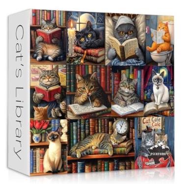 Imagem de Vintage Cat Puzzles for Adults 1000 Pieces，PICKFORU Retro Cat Library Themed, Book Kitten Bookshelf Jigsaw Puzzles Collage Challenge