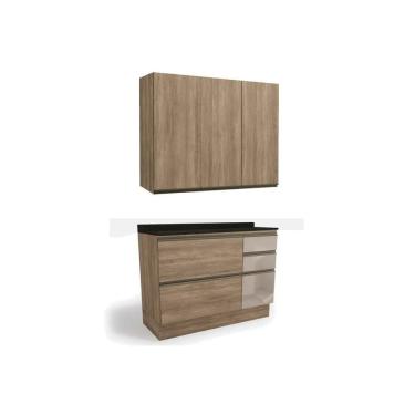 Imagem de Kit Cozinha Modulada 3 Peças Maxxi (1Aéreo+1Balcão+1Complemento) C3P12 Nogal/Preto Bril...