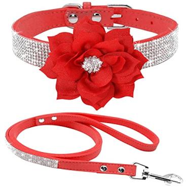 Imagem de Haoyueer Lindo conjunto de coleira de cachorro com strass de couro de camurça macia e cintilante, brilhante, brilhante, brilhante, brilhante, cristal, gato, cachorro, coleira para cães (vermelho 7,