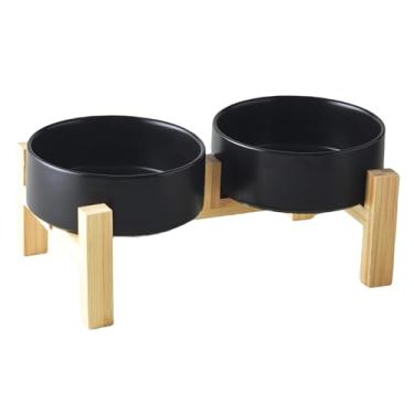 Imagem de Welloyed Conjunto De Tigelas Elevadas Cerâmica Para Cães - Com Suporte Bambu Antiderrapante, Comida E Água Gatinhos, Gatos, Raças Brinquedo, Animais Estimação, Pratos Pesados (5,1'', 2*16Oz, Preto)