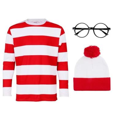 Imagem de Camiseta masculina feminina listrada vermelha e branca manga longa nerd óculos chapéu chapéu traje engraçado cosplay, Masculino, M