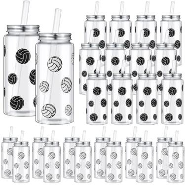 Imagem de Maxdot Pacote com 24 copos de plástico de vôlei de 402 g com tampa e canudo copo de vôlei a granel com tampa e canudo transparente reutilizável garrafas de suco copo para lembrancinhas de festa
