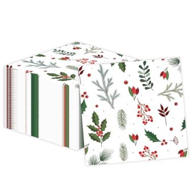 Imagem de 50 guardanapos de Natal 33 x 33 centímetros, guardanapos de papel azevinho com tema de inverno guardanapos de coquetel descartáveis para decorações de festas de Natal