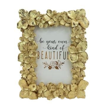 Imagem de Porta-retrato 10 x 15 cm, dourado, floral, ornamentado, retrô, feito à mão, flores de resina, 10 x 15 cm, com frente de vidro para exibição de mesa e suporte de parede (dourado)