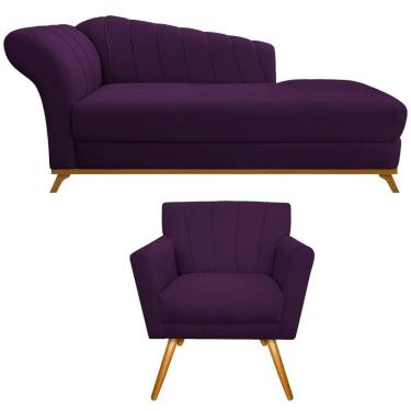 Imagem de Kit Diva Recamier Vanessa 160cm Lado Direito E 01 Poltrona Laura Suede Cor Roxo