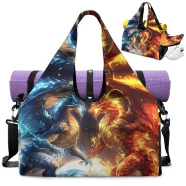 Imagem de Tansealive Bolsa de ginástica engraçada com estampa de animal com compartimento para sapatos e suporte de tapete de ioga para homens, bolsa de treino com bolso, Dragão de fogo