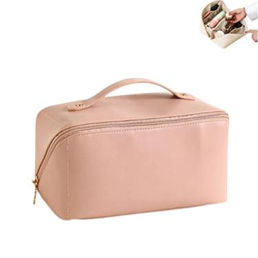 Imagem de Bolsa de maquiagem de couro de viagem de grande capacidade, bolsa de cosméticos, bolsa organizadora de maquiagem, bolsa de higiene pessoal, caixa de maquiagem para produtos de higiene pessoal com alça e divisor (rosa)