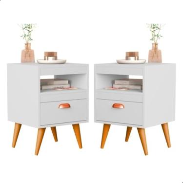 Imagem de Kit 2 Mesa De Cabeceira Para Quarto Com Pés e Gaveta Com Nicho Criado Com 2 Unidades Mesinha Canto (Branco)