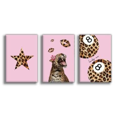 Imagem de Arte de parede de leopardo rosa (conjunto de 3) Impressões em tela modernas Cheetah Star Lucky 8 Ball Posters Decoração de parede estética para dormitório feminino apartamento quarto sem moldura 8 x