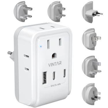 Imagem de VINTAR Kit universal de adaptador de viagem, adaptador de alimentação internacional com 3 portas USB (2 USB C) 4 tomadas CA, acessórios destacáveis tipo A, C, G, D, I, M, adaptador de viagem em todo o