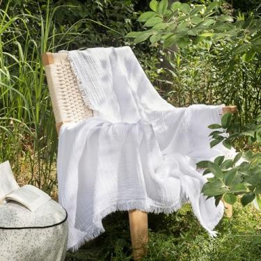 Imagem de MooMee Cobertor de musselina - Cobertor de gaze de 4 camadas 100% algodão com franjas em toda a volta, ultramacio respirável leve refrescante decorativo para cama, sofá e sofá (branco brilhante, 152