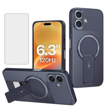 Imagem de Asuwish Capa de telefone para iPhone 17 6,3 polegadas capa de fibra de carbono magnética com protetor de tela de vidro temperado e suporte protetor fino macio acessórios para celular i Phone17 i17 17