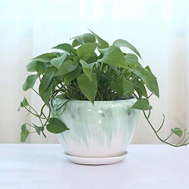 Imagem de uhyOHF Vaso redondo de cerâmica para suculentas, vasos de cacto, com orifício de drenagem, recipiente, decoração, retrô, estilo chinês, orquídea, escritório, mesa, bonsai, decoração de casa (A-L