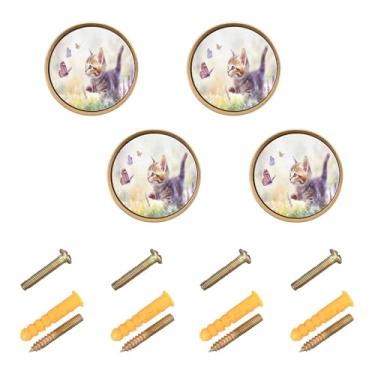 Imagem de Burbuja Puxadores de armário de cozinha gatinhos perseguindo borboletas em lavanda, pacote com 4, gavetas redondas de 3,5 cm, puxadores de cômoda com parafusos para cozinha, quarto, armários, armário