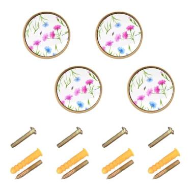 Imagem de Burbuja Maçanetas de armário de cozinha Cornflowers, pacote com 4, puxadores redondos de 3,5 cm, puxadores de cômoda com parafusos para armários de cozinha, quarto, armário