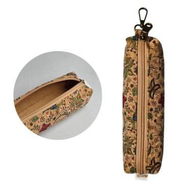 Imagem de Estojo Escolar Floral Cortiça Organizador Zíper Volta Aulas Marrom Fof