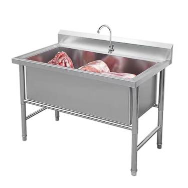 Imagem de Conjunto de pia de cozinha de restaurante comercial, pia de aço inoxidável independente com kit de torneira e drenagem, pia industrial de cozinha, para garagem, restaurante, cozinha, lavanderia (80 cm