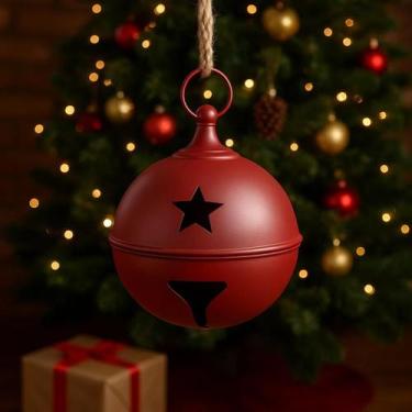 Imagem de Guizo Natal Metal Vermelho 24cm Laço Corda Enfeite Rústico Pendente Bo