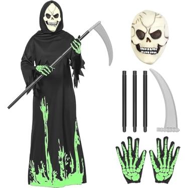 Imagem de ThinkMax Halloween Grim Reaper Costume for Boys Kids, Glow in the Dark Halloween Phantom Costume with Scythe,Skull Mask and Glove (L (10-12 Years))