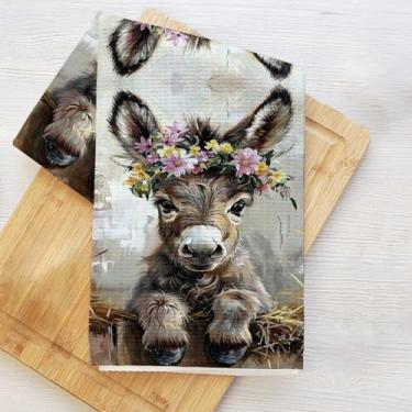 Imagem de Toalha de cozinha engraçada de burro floral, panos de prato de flores para lavar louças de cozinha, toalha de mão para casa de banho, toalha de chá decorativa de microfibra macia, presentes de
