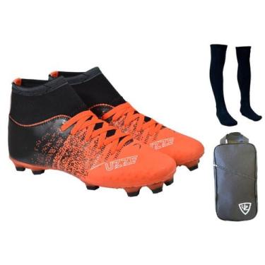 Imagem de Chuteira Campo Adulto Botinha Travas + Meião + Relógio - Uzze, Laranja