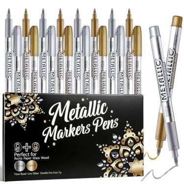 Imagem de Pacote com 18 canetas marcadoras metálicas, à base de água, prata e ouro, canetas de tinta dourada e prata com ponta fina durável para papel preto, pintura rupestre, confecção de cartões de Halloween