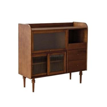 Imagem de Armário de buffet retrô de madeira maciça aparador de jantar doméstico armazenamento de parede armário de chá restaurante armário de exibição de vidro simples aparador