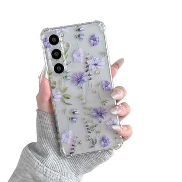 Imagem de DEFBSC Capa macia compatível com Samsung Galaxy S25 FE, design de estampa floral transparente de TPU flexível à prova de choque para mulheres e meninas, capa protetora de flores para celular, roxo