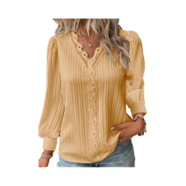 Imagem de Blusa Feminina Elegante De Chiffon Com Decote Em V, Manga Longa E Deta