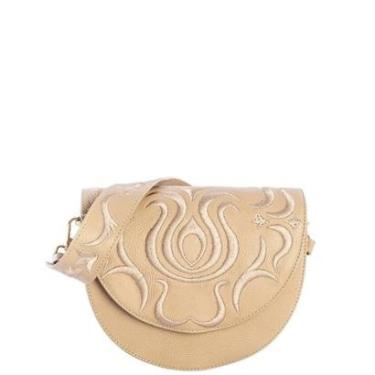 Imagem de Bolsa Tiracolo Feminina Leopoldine Couro Legítimo Bege com Bordado e Alças Removíveis-Feminino