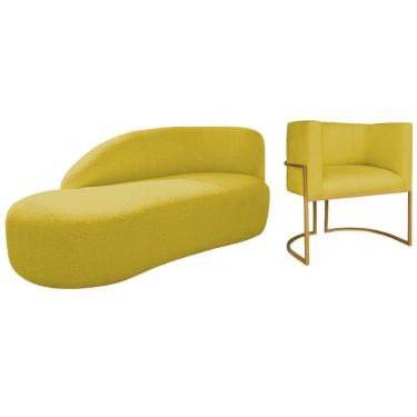 Imagem de Kit Divã Luna 160cm Lado Esquerdo E 01 Poltrona Base De Ferro Dourado Suede Amarelo
