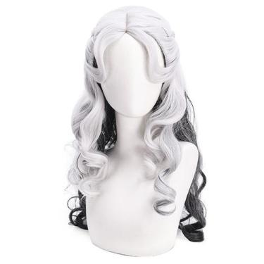 Imagem de Peruca de cosplay preta e branca em dois tons longa encaracolada 65cm 