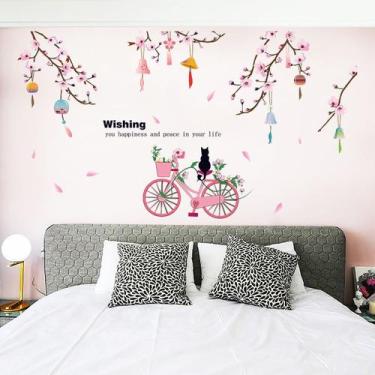 Imagem de Adesivos de parede Romantic Cherry Blossom Cat Bicycle 60x90cm - yiwei